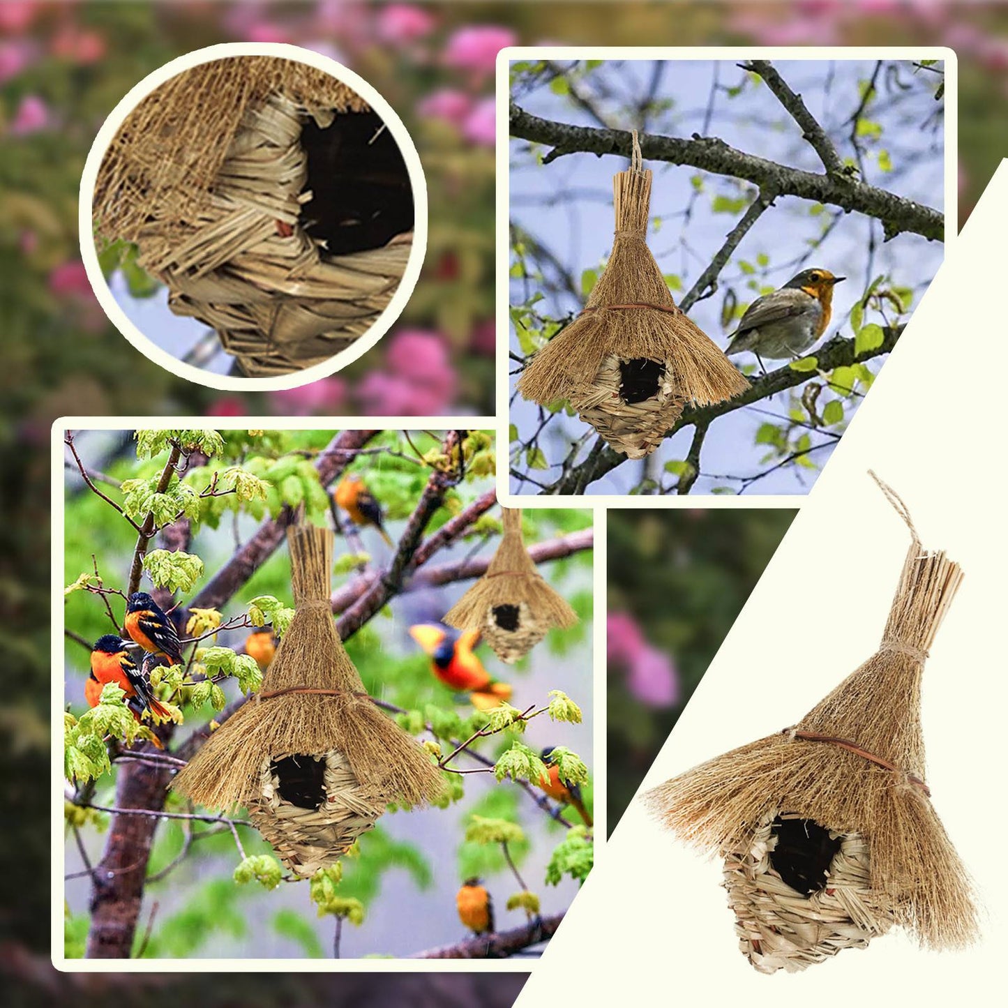 Ninhos de beija-flor de palha de capim natural trançados à mão, casas decorativas para ambientes externos, acessórios para quarto de animal de estimação, jardim, pátio e gramado