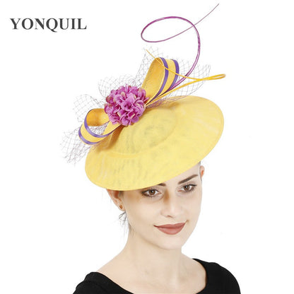 Novo Design Amarelo Com Cabelo Roxo Fascinator Chapéu Tiara Nupcial Casamento Festa Adereço de Cabelo Malha Senhoras Ocasião Acessórios de Cabelo