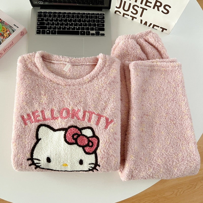 Thickened Warm Women‘s Sleepwear Cartoon HelloKitty Women's Pajamas Set Winter New Cute Fashion Two Sets Nightwear Loungewear