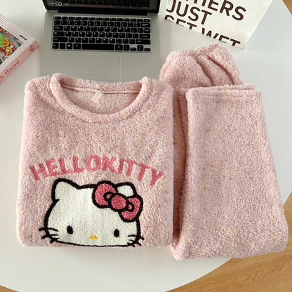 Thickened Warm Women‘s Sleepwear Cartoon HelloKitty Women's Pajamas Set Winter New Cute Fashion Two Sets Nightwear Loungewear