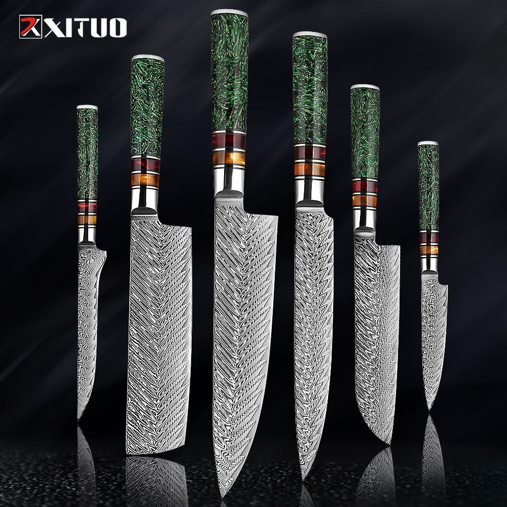 Conjunto de Facas de Cozinha XITUO Luxury Damascus Japonesas Chef Santoku Faca Cutelo Descascar Faca de Pão Cabo de Resina Sintética Destaque