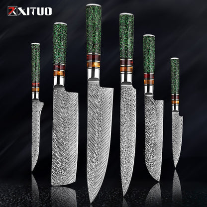 Conjunto de Facas de Cozinha XITUO Luxury Damascus Japonesas Chef Santoku Faca Cutelo Descascar Faca de Pão Cabo de Resina Sintética Destaque