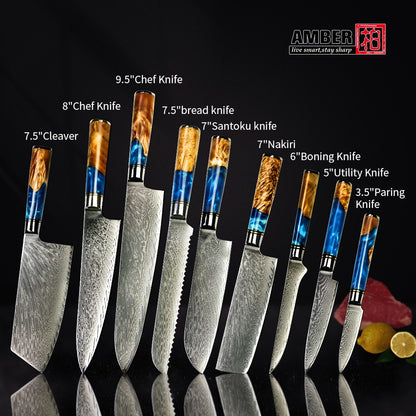 Conjunto de Facas de Cozinha Amber Hot selling 67 Camadas de Aço Damasco Lâmina Super Afiada Fio 10Cr15CoMoV com Cabo de Resina e Madeira