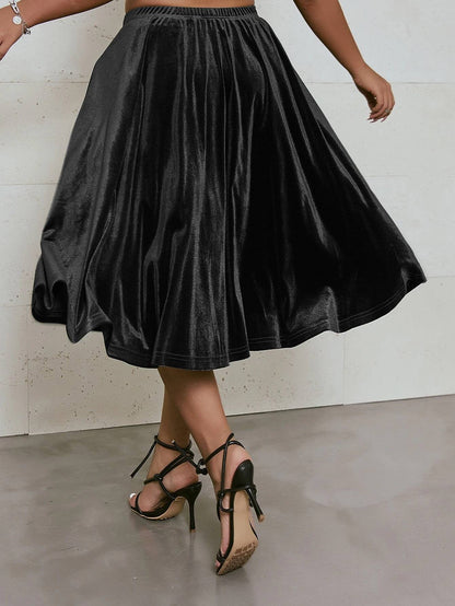 Plus Size High Elastic Waist Velvet Skirt Women Solid Black Spring Autumn Midi Party Skirt A-line Flare Skirt Large Size 6XL 7XL