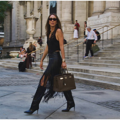 Tassel Leather Midi Skirt Women Solid High Street High-waist A-line Bodycon Long Skirts Spring Summer 2026 Chic All-match Outfit