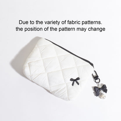 Simple bow quilted clutch, portable everyday small item pouch for lipstick, earphones, and change, soft travel makeup bag