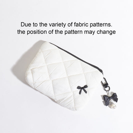 Simple bow quilted clutch, portable everyday small item pouch for lipstick, earphones, and change, soft travel makeup bag