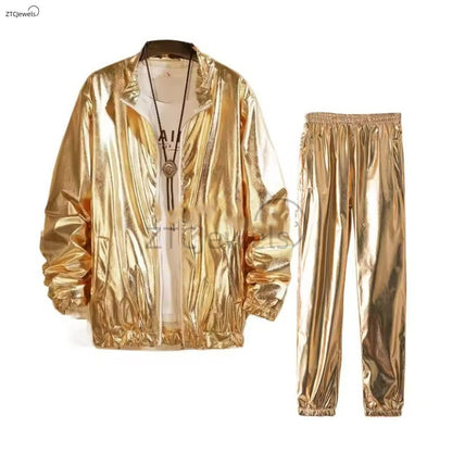 Adults Men's Shiny Metallic Suits Adult Disco Outfit Jacket Pants Halloween Dress Up Nightclub Dance Rave Cosplay Costume