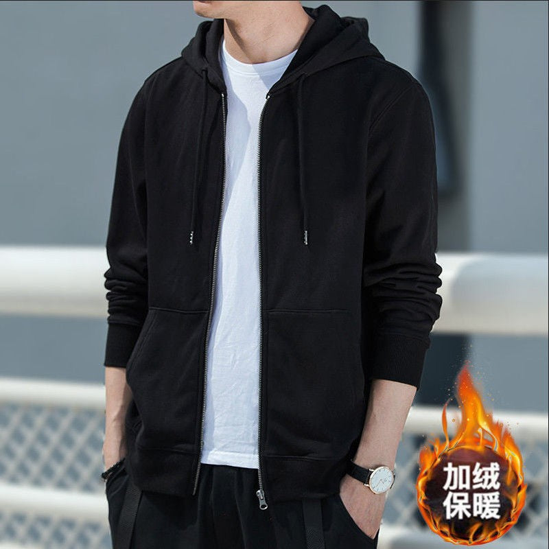 Men's Fleece-Lined Warm Jacket 2024 Autumn Winter New Cardigan Sports Top Casual Hooded Sweatshirt Regular Length China Origin