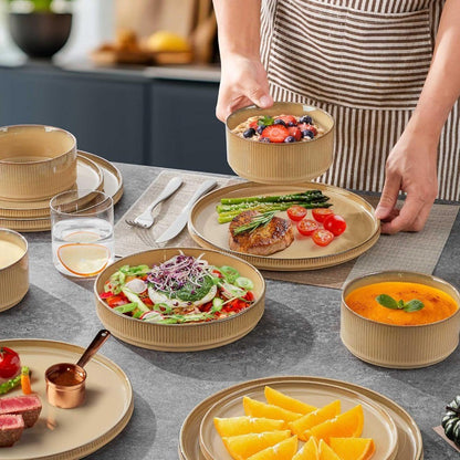 16 Piece Dinnerware Sets with Double Bowls Ceramic Plates and Bowls Set for 4 Ribbed Stoneware Dishes Microwave and Dishwasher