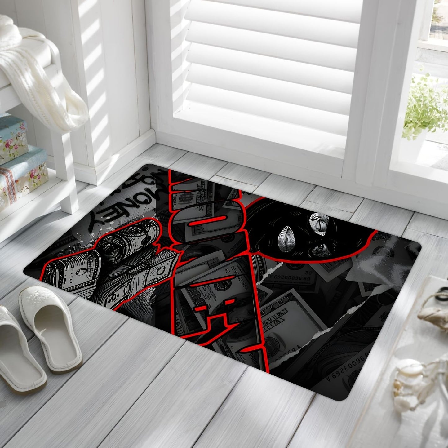 Stylish Money Design Doormat - Red and Black Pattern for a Modern Home Entrance, Perfect for Adding an Edgy Touch to Your Decor