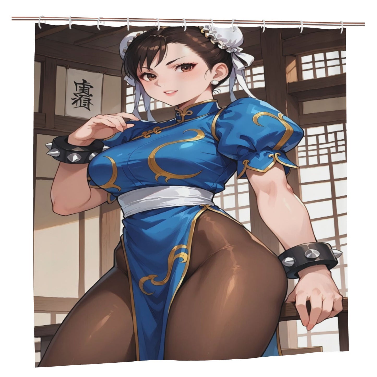 Cortina de Chuveiro Inspirada em Chun Li com Ganchos, Decoração de Banheiro em Poliéster Removível e Durável, Lavável à Máquina, Elegan