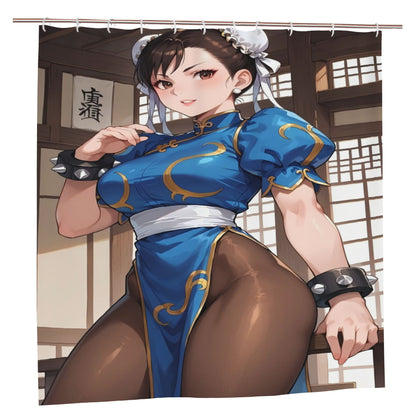 Cortina de Chuveiro Inspirada em Chun Li com Ganchos, Decoração de Banheiro em Poliéster Removível e Durável, Lavável à Máquina, Elegan