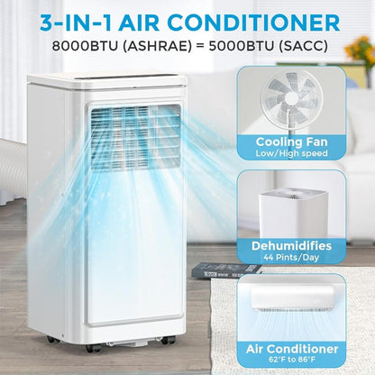 Ar Condicionado Portátil 8000 BTU, Unidade CA Portátil 3 em 1 para Ambientes de até 32m², Mini Ar Condicionado para Quarto com Refrigeração