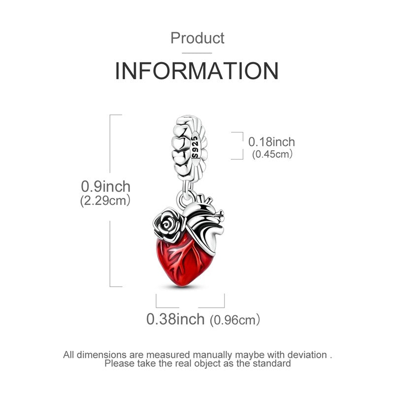 Heart & Organ Charm 925 Sterling Silver Red Rose Skull Dangle Pendant Dark Aesthetic Fit Bangle Bracelet Necklace DIY Jewelry