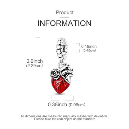 Heart & Organ Charm 925 Sterling Silver Red Rose Skull Dangle Pendant Dark Aesthetic Fit Bangle Bracelet Necklace DIY Jewelry