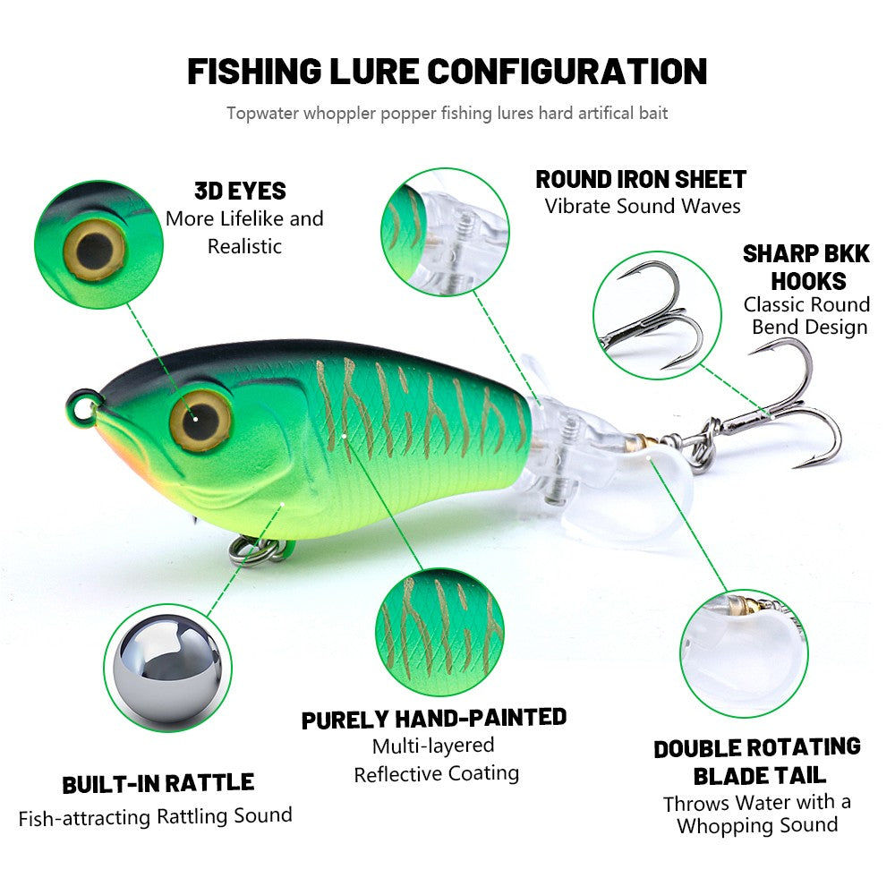 Iscas de Pesca TREHOOK 9g/16g de Superfície Whopper Popper Cauda de Hélice Dupla Giratória Isca Artificial Flutuante
