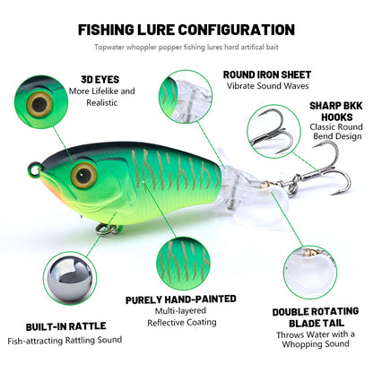 Iscas de Pesca TREHOOK 9g/16g de Superfície Whopper Popper Cauda de Hélice Dupla Giratória Isca Artificial Flutuante