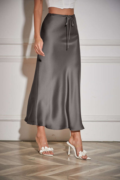 New In 2025 Spring Summer Solid Color Satin Long Skirt For Women High Waist Lace