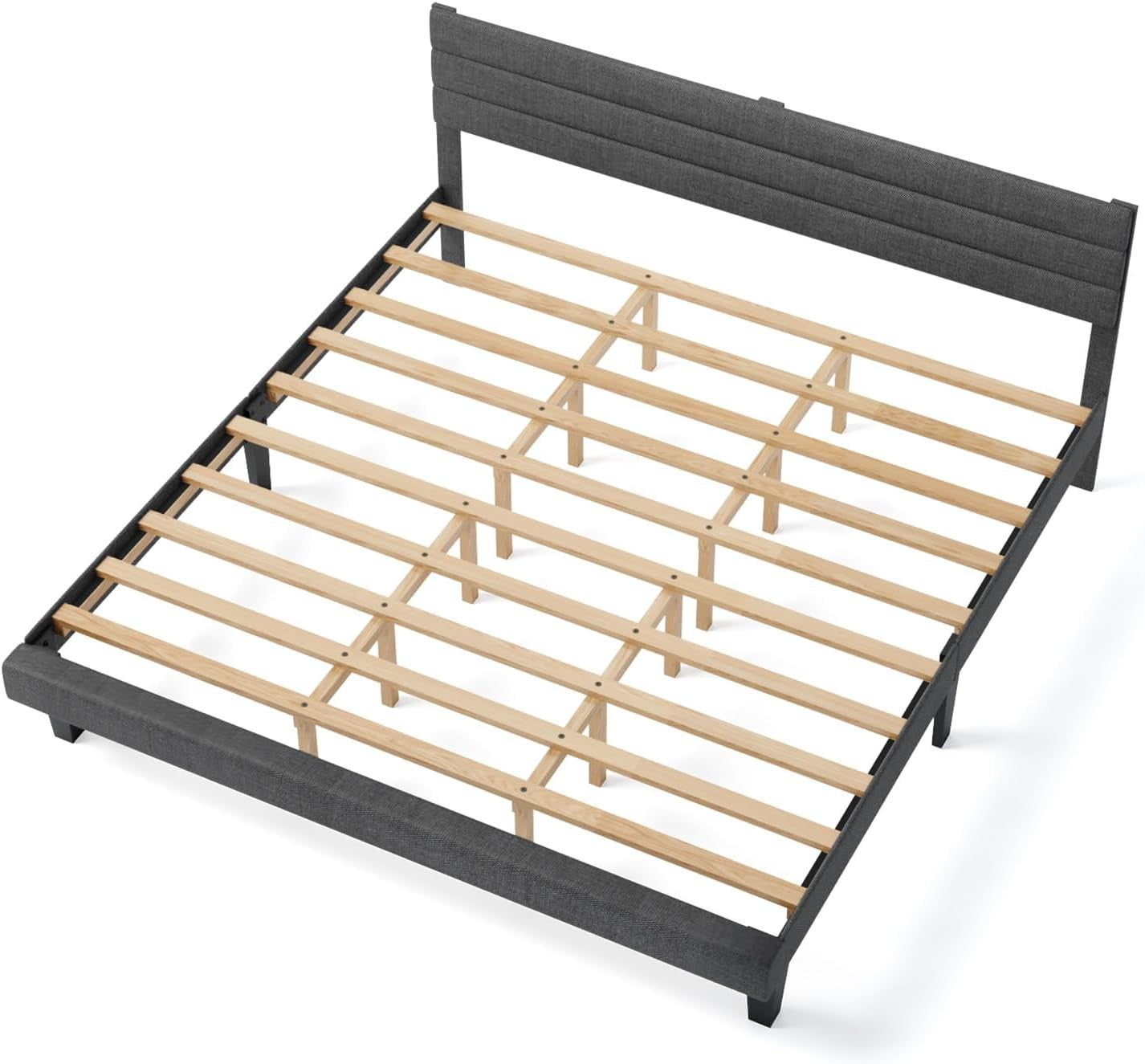 King Size Bed Frame and Headboard,Panel Soft Bed with Linen Fabric Upholstered Padding, Low Profile Bed with Durable Woo