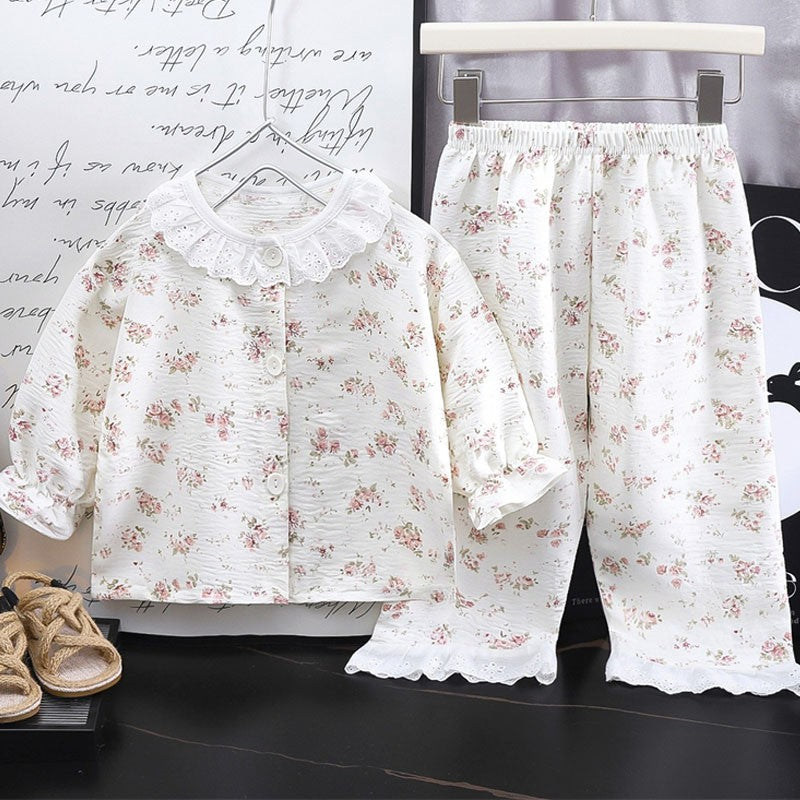 Kids Home Clothes 2Pcs Set Baby Loose Pajamas Fashion Girl Lace Floral Print Sleepwear Children Air Conditioner Long Sleeve Pant