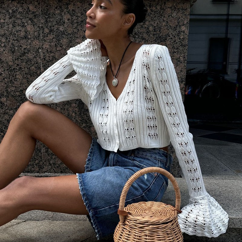 TARUXY Hollow Knitted Cardigan Women's Solid Long Sleeve V Neck Short Sweater Top Summer 2025 New Female Crochet Casual Outwear