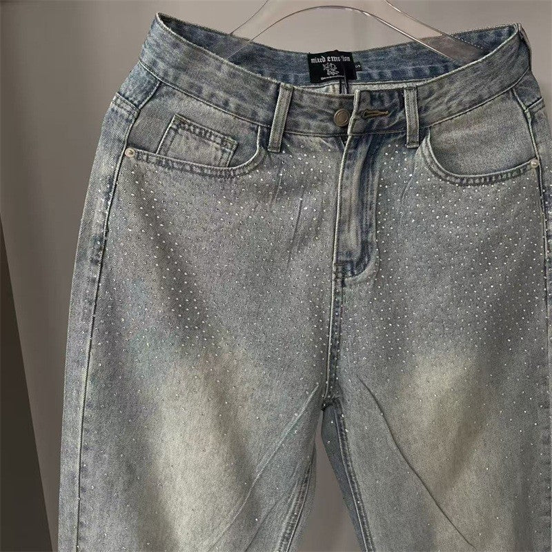 Calça Jeans Masculina Blue Washed MIXED EMOTION Hot Drill Letter Retrô Americana Calça Jeans Feminina Mixed Emotion