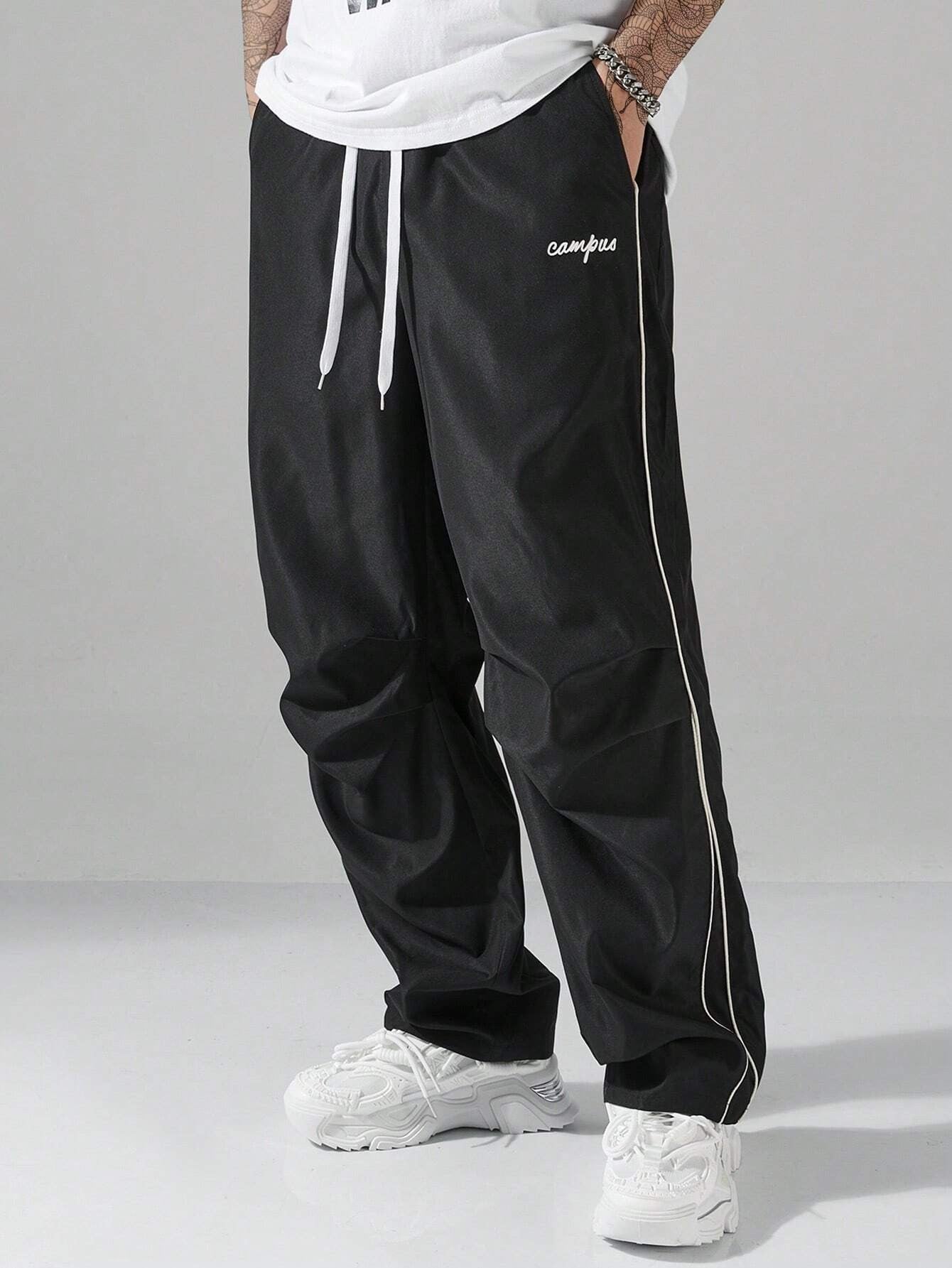 Men's Casual Letter Pattern Contrast Piping Drawstring Waist Trousers