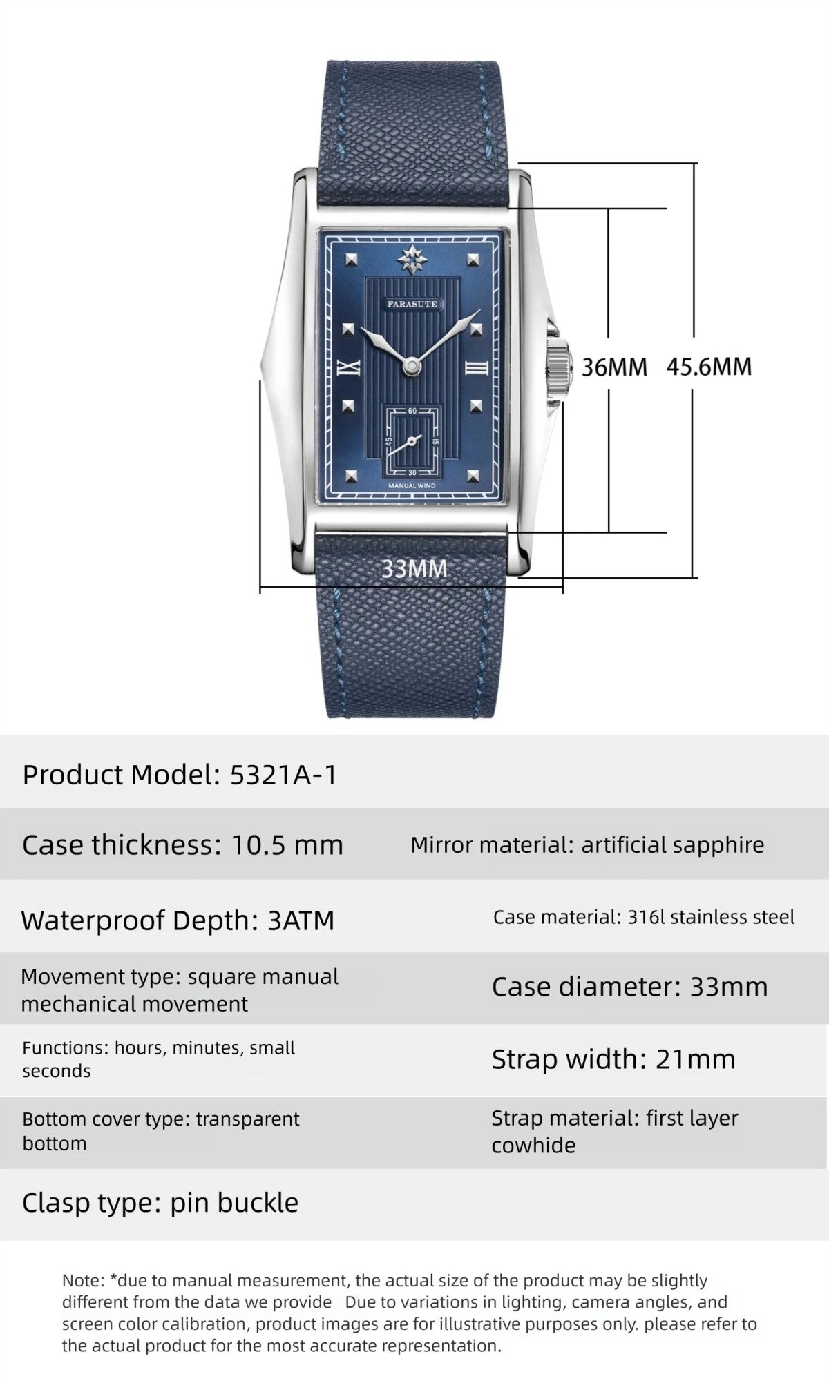 FARASUTE Creative Manual Square Customized Mechanical Movement Watch Men Luxury Sapphire Glass Small Second Wristwatches reloj