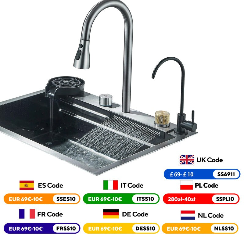 304 Stainless Steel Waterfall Kitchen Sink Sink Large Single basin With Large Single Slot Sink Above Counter With Cup Disher