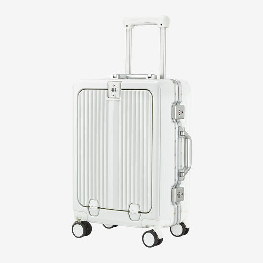 20/24 Inch Front Open Luggage Multifunctional Aluminum Frame Trolley Case with USB Cup Holder Large Boarding Box Suitcase