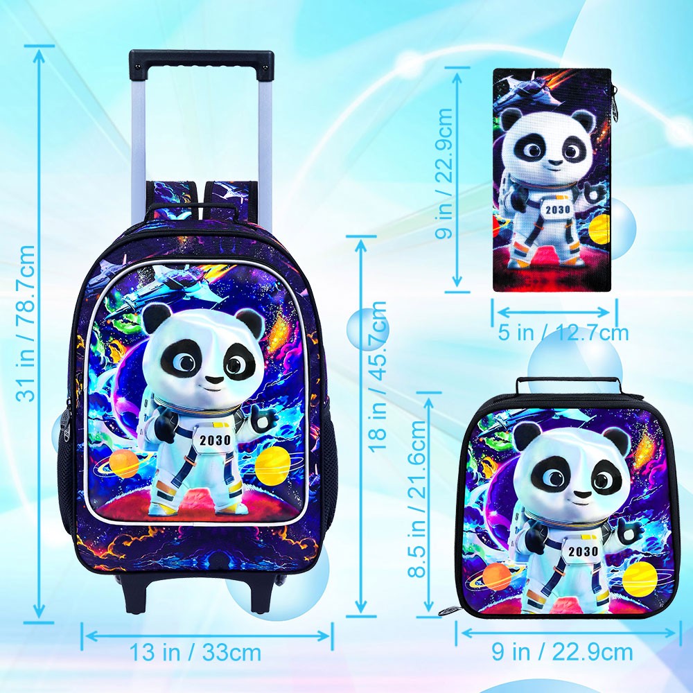 Rolling panda Backpack for Boys, Kids Roller Wheels School Bookbag with Lunch Bag, Wheeled School Bag for Children