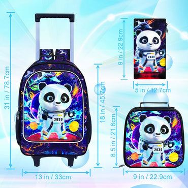 Rolling panda Backpack for Boys, Kids Roller Wheels School Bookbag with Lunch Bag, Wheeled School Bag for Children