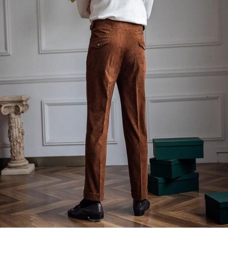 Italian Style Corduroy Naples Suit Pants Men High-waisted Adjustable Belt Straight Trousers Autumn  England Business Casual Pant