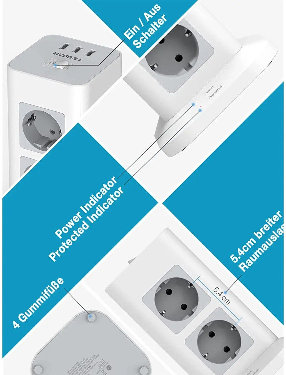 TESSAN Tower Power Strip Multi Outlets with USB A +1 Type C 2M Extension Cable EU Plug Vertical Electric Socket Surge Protection