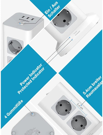 TESSAN Tower Power Strip Multi Outlets with USB A +1 Type C 2M Extension Cable EU Plug Vertical Electric Socket Surge Protection