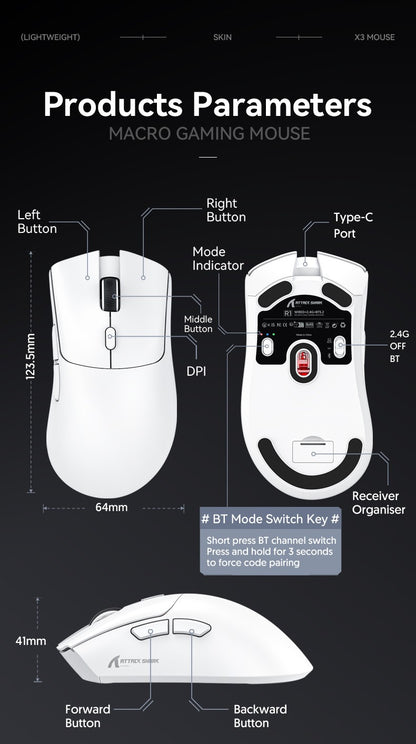 Rato R1 Superlight Bluetooth 2.4G Sem Fio para Jogos Sensor PixArt PAW3311 6 Níveis de DPI Ajustáveis para Jogos de Escritório