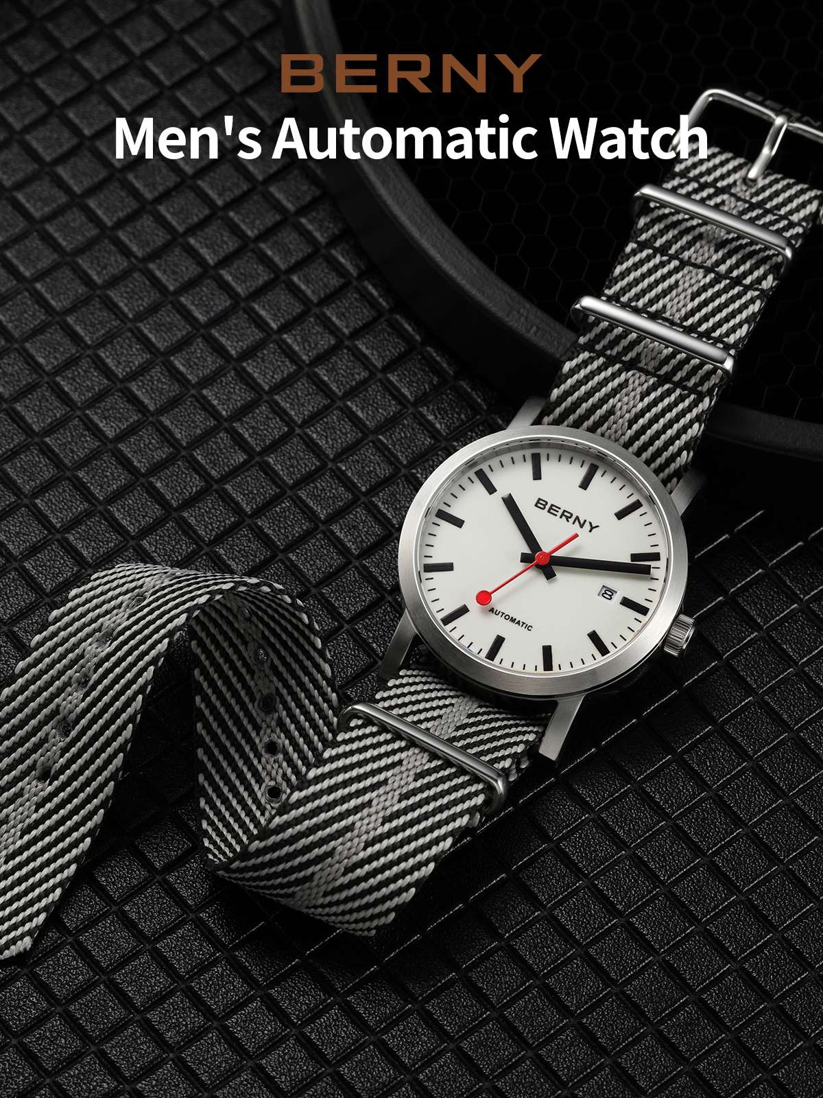 BERNY Automatic Watch Men 40mm Luminous Railway Time Dial MIYOTA 8215 Nylon Strap Sapphire 50M Waterproof Men's Mechanical Watch