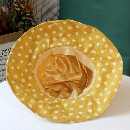 Chapéu feminino de verão, estampa de coração, aba grande para proteção solar, chapéu de sol de algodão e linho à prova de sol, chapéu de pescador dobrável