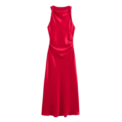 TRAF Satin Long Dresses for Women 2024 Summer Slip Midi Dress Woman Sexy Evening