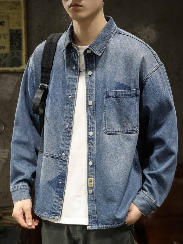 American Sle Heavyweight Men's Denim irt Loose Workwear Jaet Casual Long Sve Breathable Moisture ng Pure Color