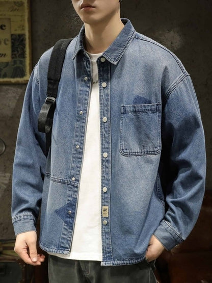 American Sle Heavyweight Men's Denim irt Loose Workwear Jaet Casual Long Sve Breathable Moisture ng Pure Color