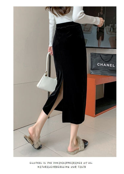 Elegant Velvet Black Long Skirts Women Autumn Winter High Waist Faldas Korean Fahion Clothing Office Ladies Bodycon Midi Skirt
