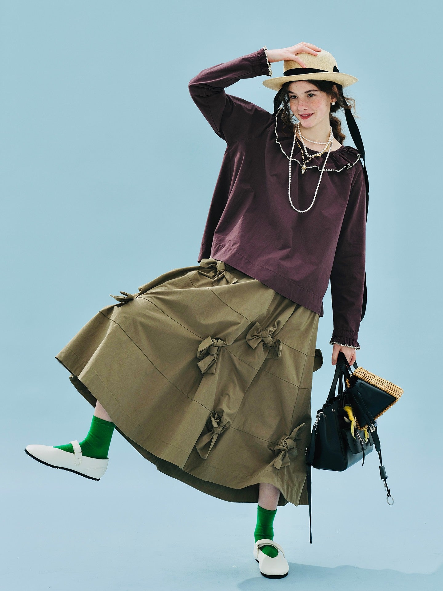 imakokoni 2025 Early Autumn Artistic Washed Braided Bow Half-Dress Casual Retro Women's A-Line Skirt255188