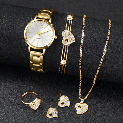 6PCS/Set Women's Watch Fashion Stainless Steel Band Analog Quartz Watches Heart Jewelry Set?Without Box?