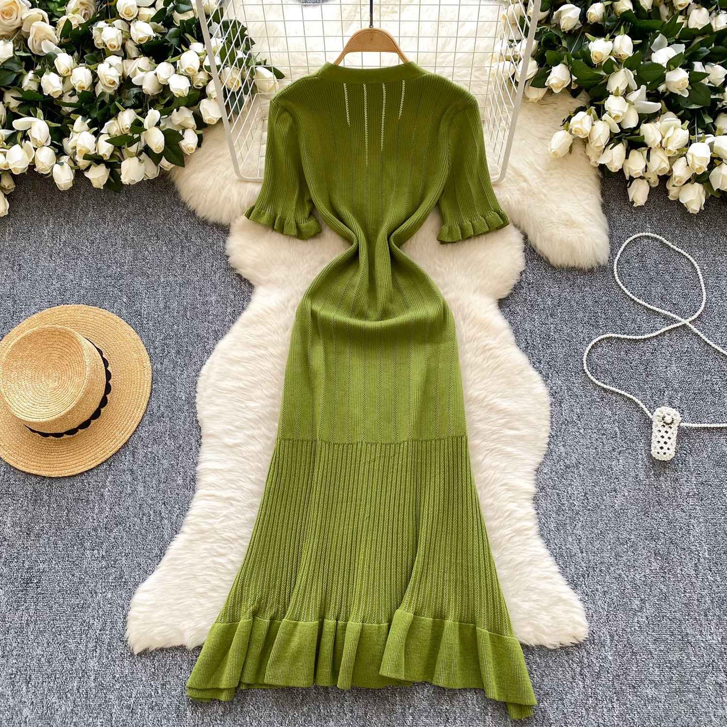 SINGREINY Summer OL Knit Dress 2025 Women V Neck Button Design Slim Mermaid Sund