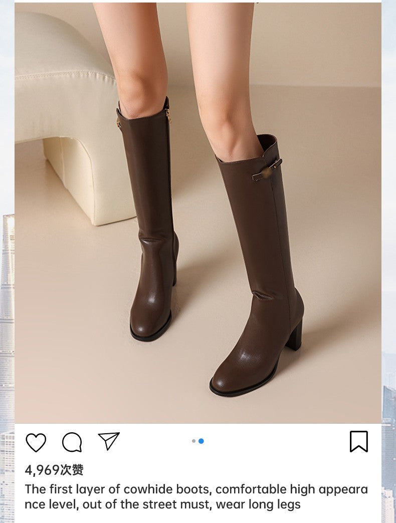 Ods Soft Cow Leather Black Knee High Boots Chunky Mid Heels Zipper Women's Long Boot Big Size Luxury Designer Sexy Shoes 4143 46