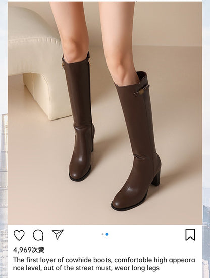 Ods Soft Cow Leather Black Knee High Boots Chunky Mid Heels Zipper Women's Long Boot Big Size Luxury Designer Sexy Shoes 4143 46