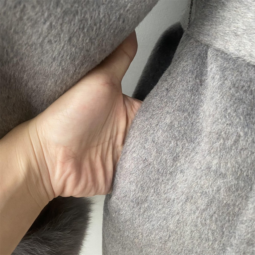 Jxwatcher Women's Wool Coat with Real Fox Fur Cuffs Ladies Elegance Belt Slim Outerwear Fall Winter High-End Wool Coats 2024 New