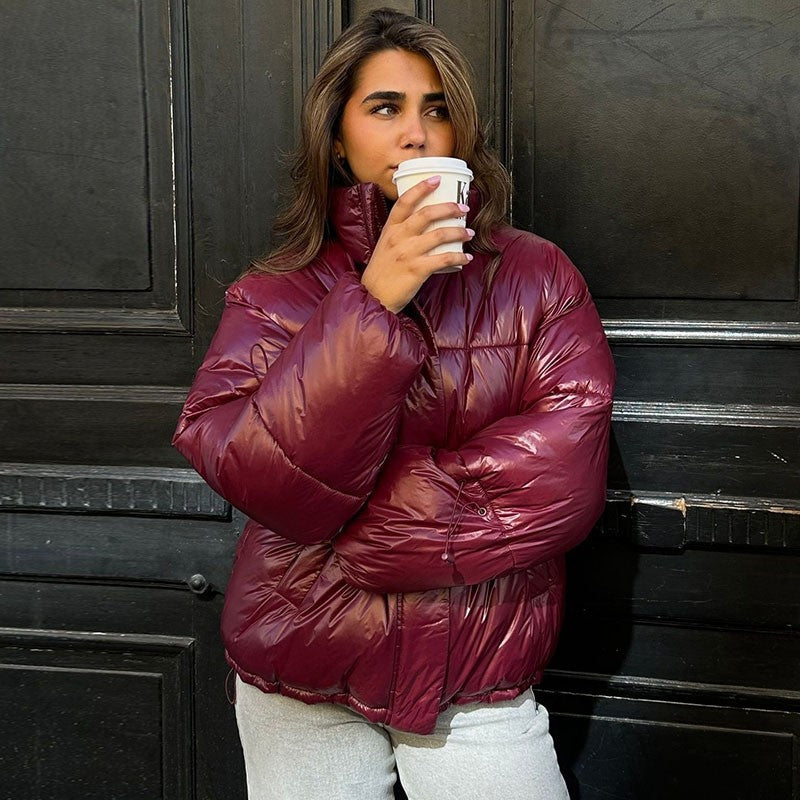 Thicken Cotton Jackets Women High Neck Long Sleeves Zipper Drawstring Coats Female 2025 Winter Fashion Chic Solid Warm Outwears